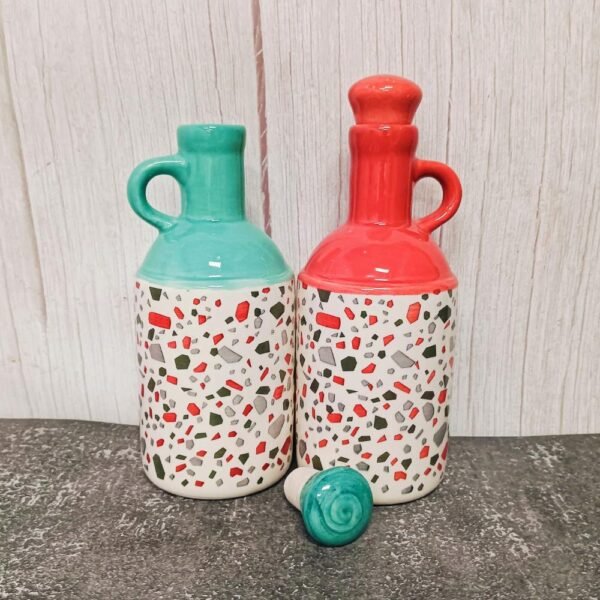 Stone Print Khurja Pottery Dual Tone Oil Bottles-DP5021