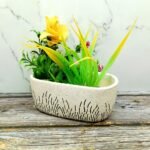 Leaf Print Khurja Ceramic Bonsai Planters-AA7013